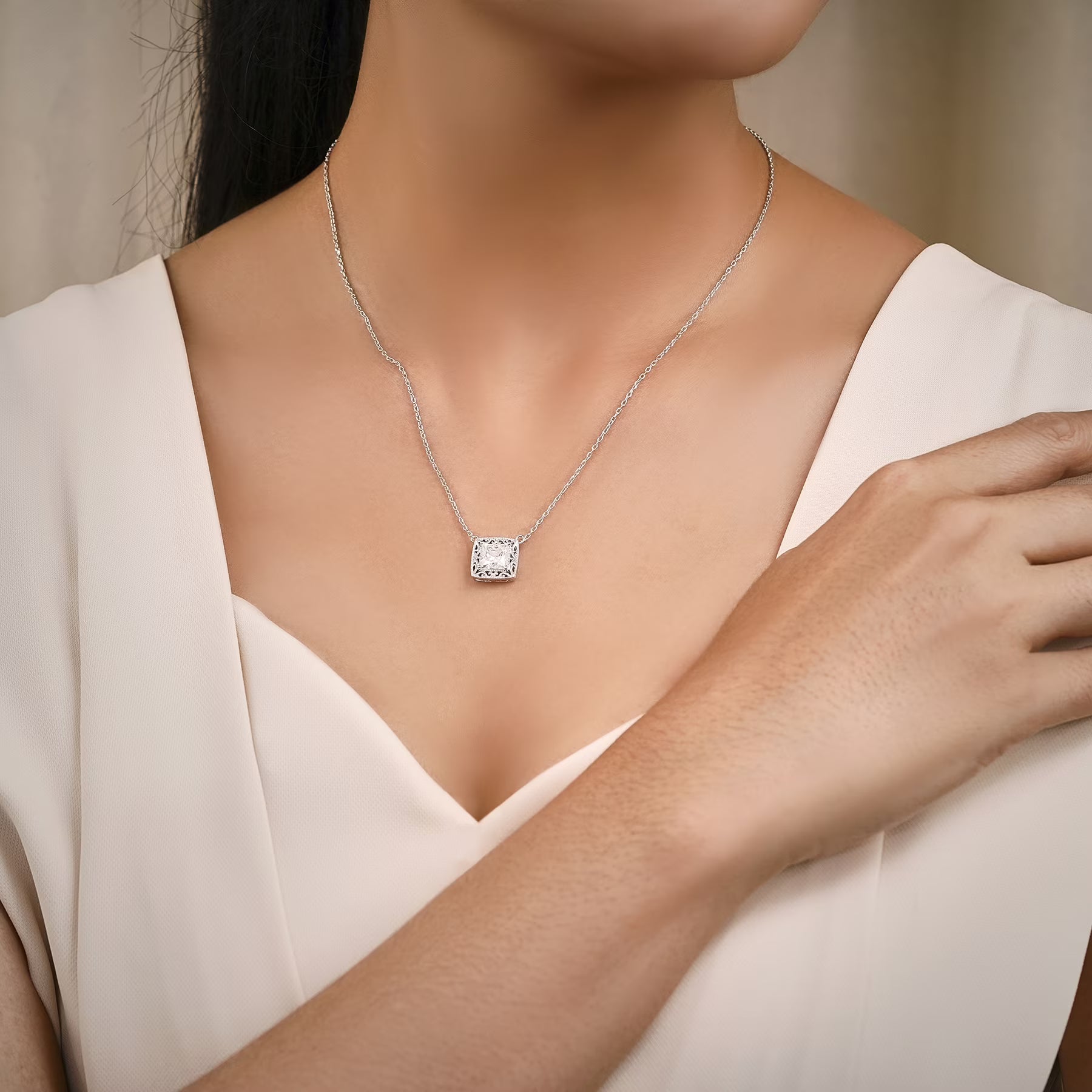 JeenMata 2 Carat Art Deco-Inspired Princess Cut Moissanite Pendant Necklaces- in 18K White Gold Plating Jewelry Necklace for Women