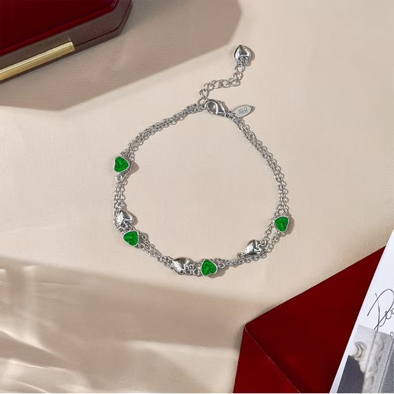 JeenMata 3 Carat May Birthstone Heart Bracelet - Double Heart Bracelet in 18K White Gold Plating for Women