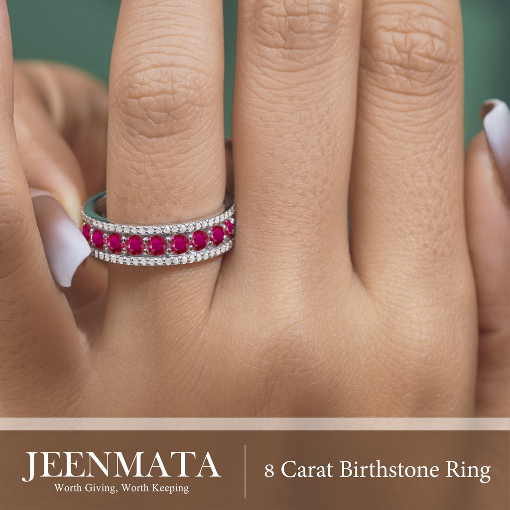 JeenMata 8 Carat Round Cut - July Birthstone Eternity Band Ring - Ruby Cubic Zirconia Halo Anniversary Wedding Band in 18K White Gold Plating for Women