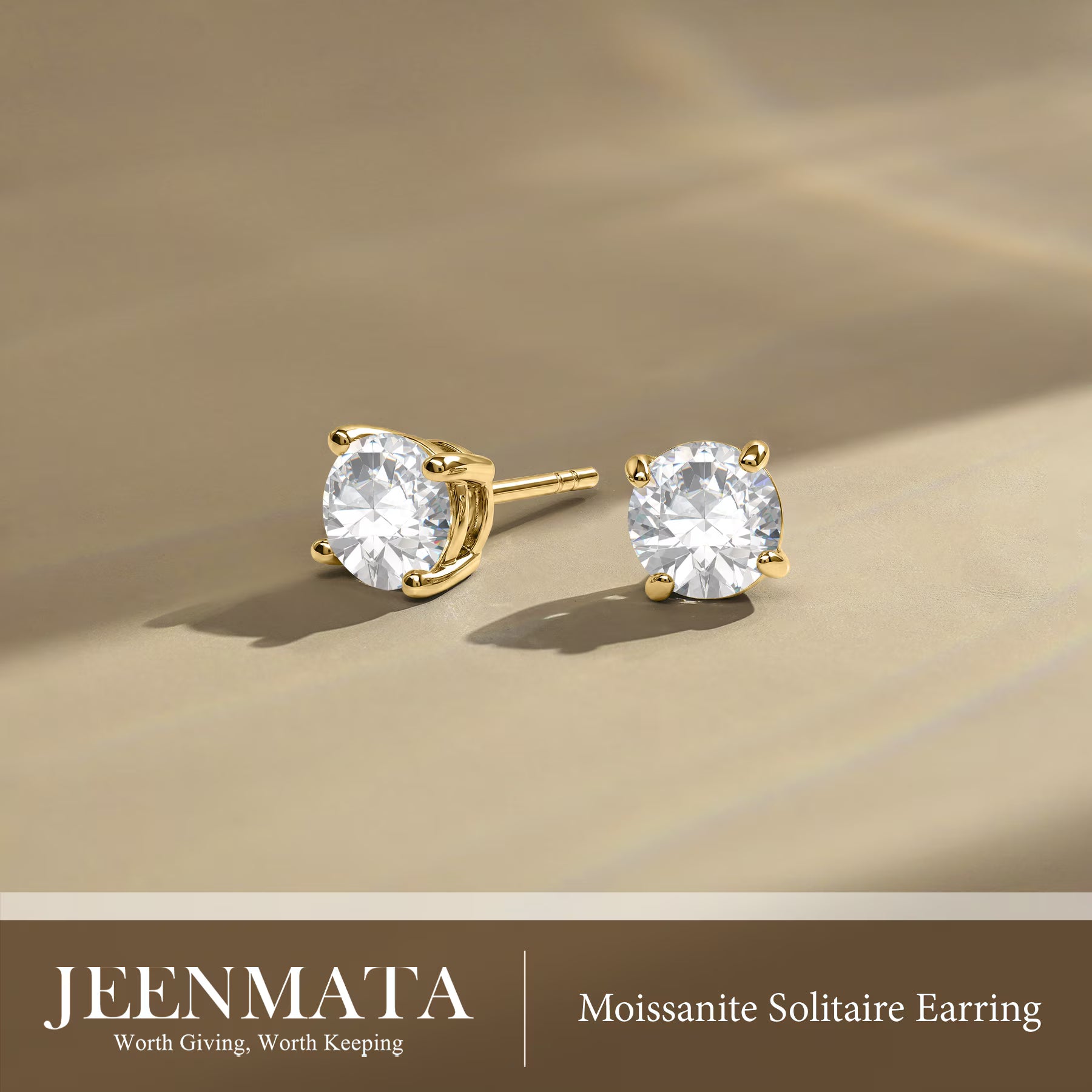 JeenMata 4 Prong 2 Carat Round Shaped Moissanite Solitaire Stud Earrings in 18k Yellow Gold Plating for Women
