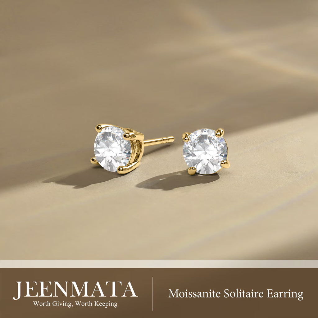 JeenMata 1 Carat Round Moissanite - 4 Prong Solitaire Stud Earrings in 18k Yellow Gold Plating for Women