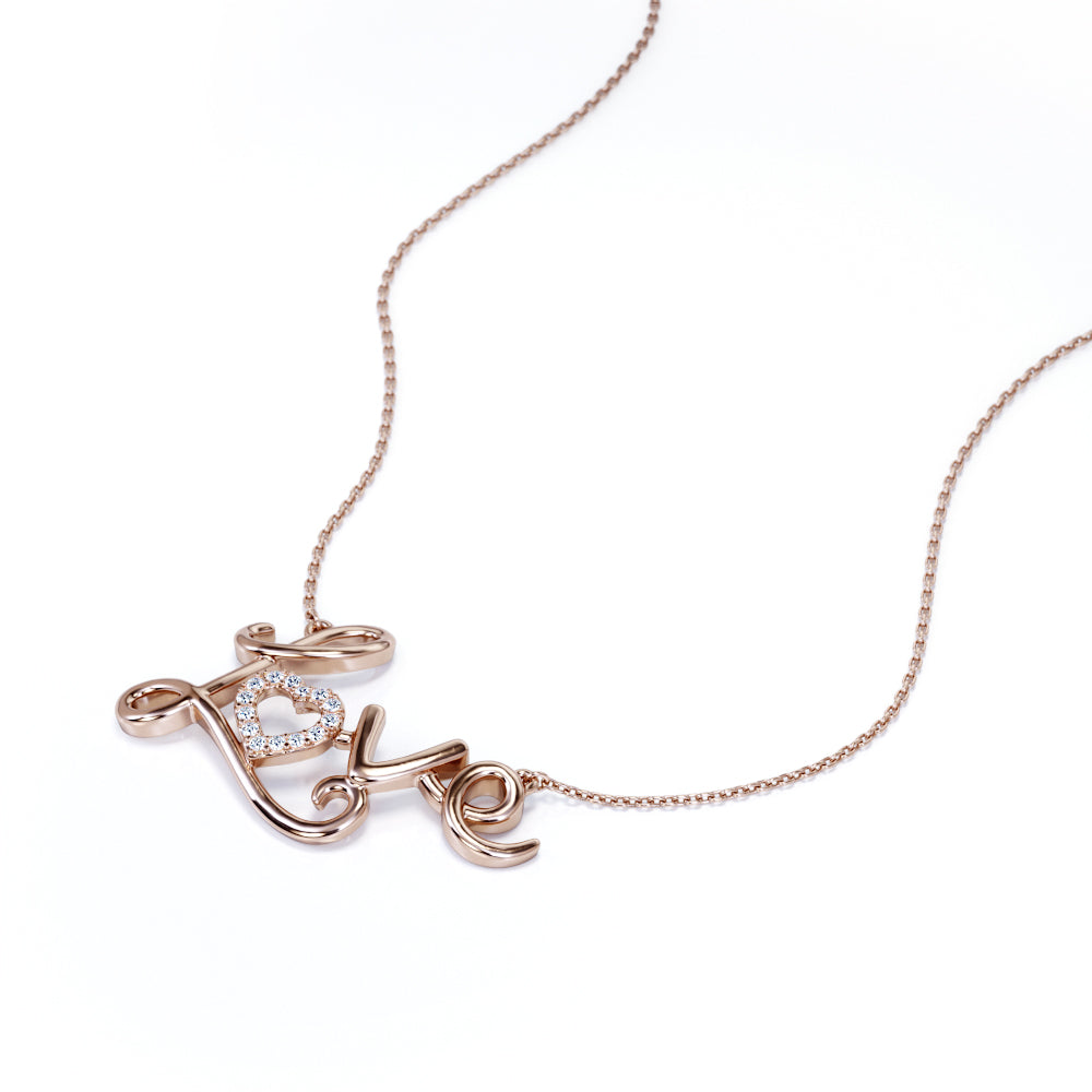 Enchanting Love Real Diamond Pendant Necklace in 18K White Gold over Silver