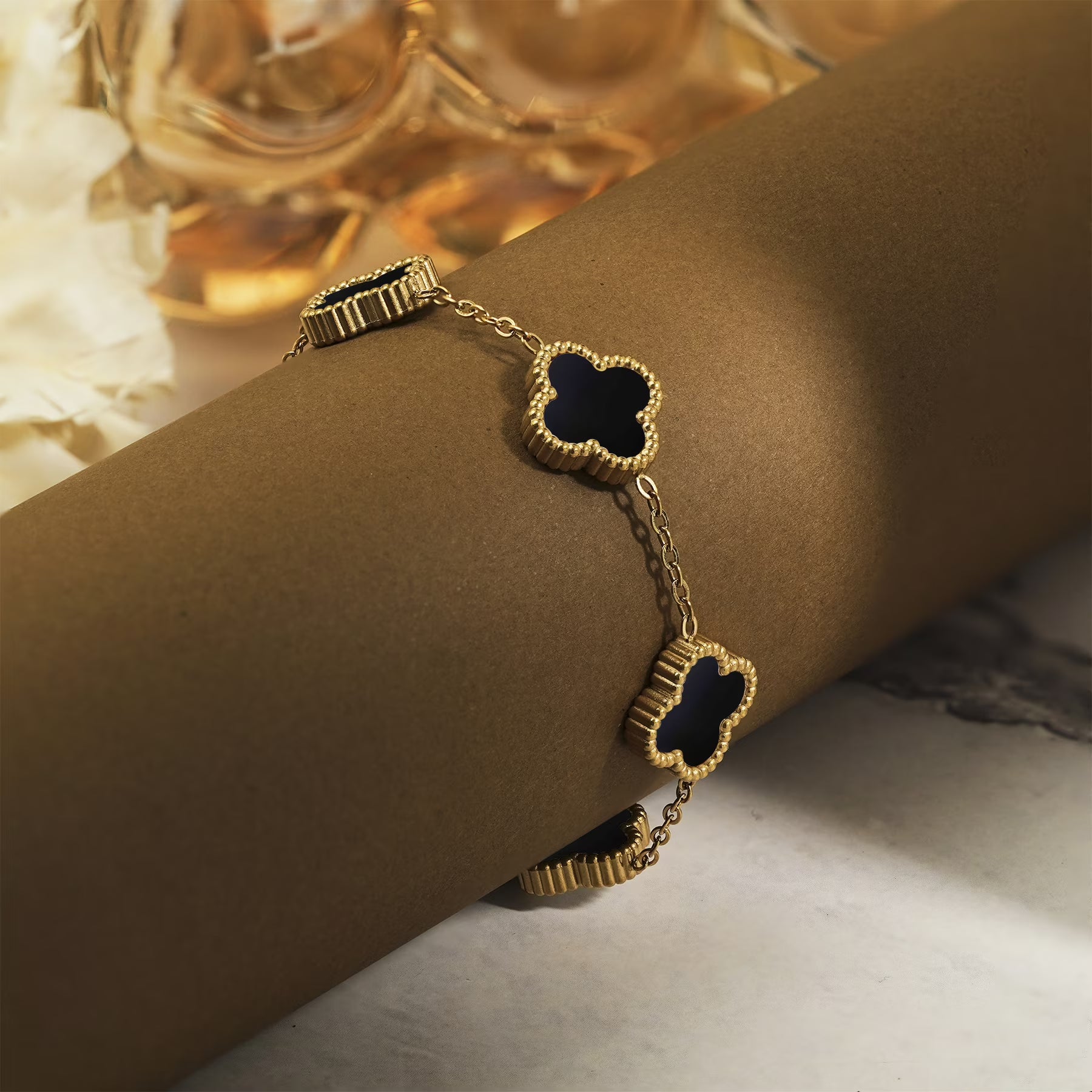 JeenMata Black Flower Link Bracelet in Yellow Gold Plated