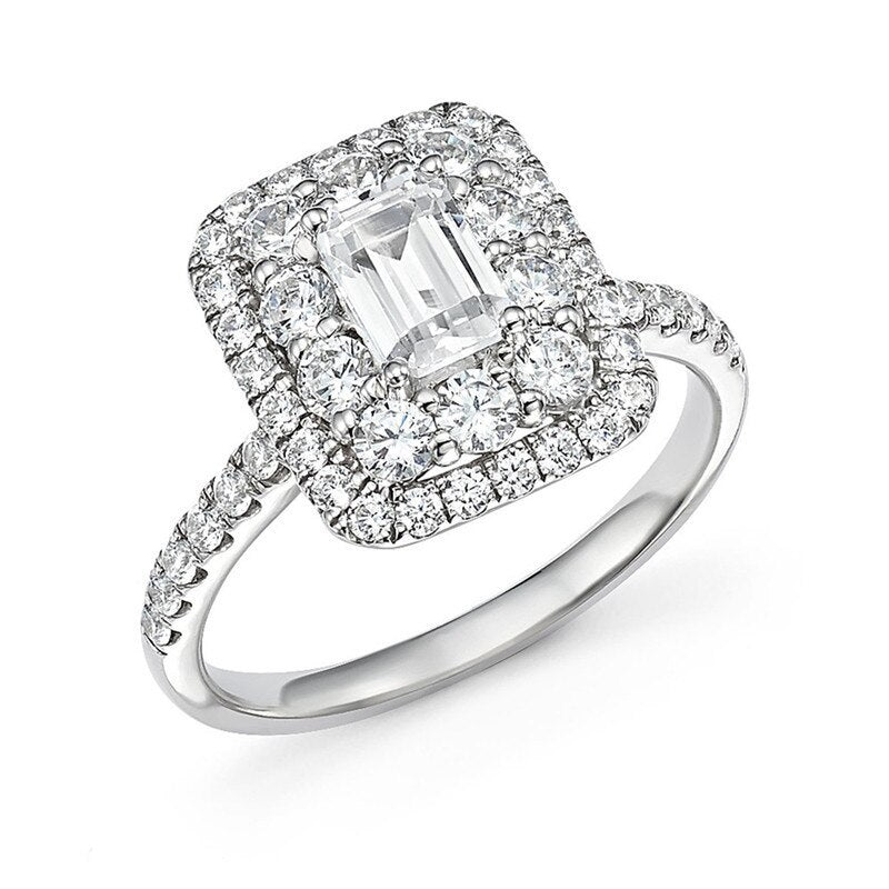 JeenMata 1.5 Carat Emerald Cut Moissanite Engagement Ring - Bridal Ring - Double Halo Ring - Cluster Ring