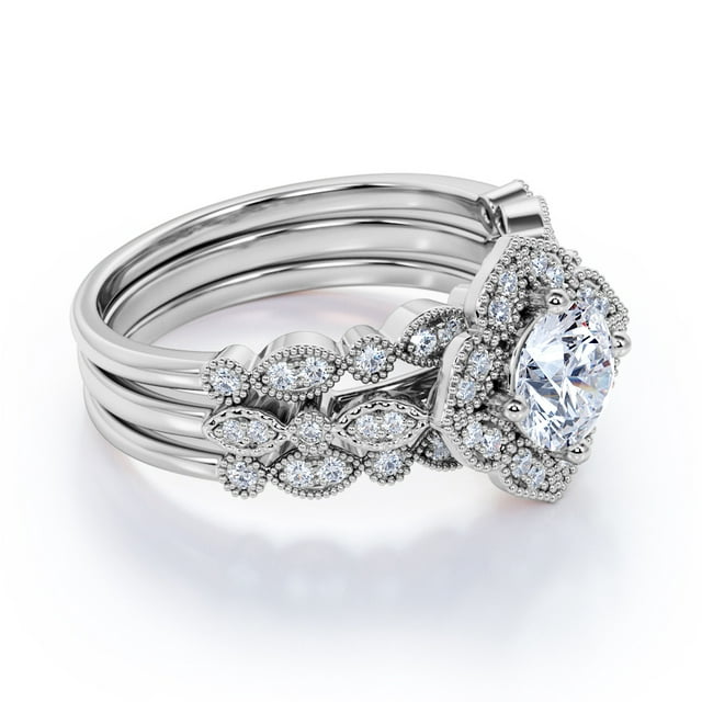 JeenMata 1.75 Carat Round Cut Moissanite Trio Set - Bridal Set - Wedding Trio Set - Solitaire Ring - Anniversary Ring - 18k White Gold Over Silver