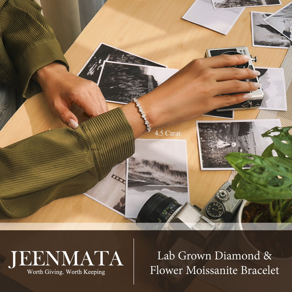 JeenMata 4.5 Carat Round Lab Grown Diamond & Flower Moissanite Bracelet - Feminine Floral Style in 18K White Gold Plating for Women