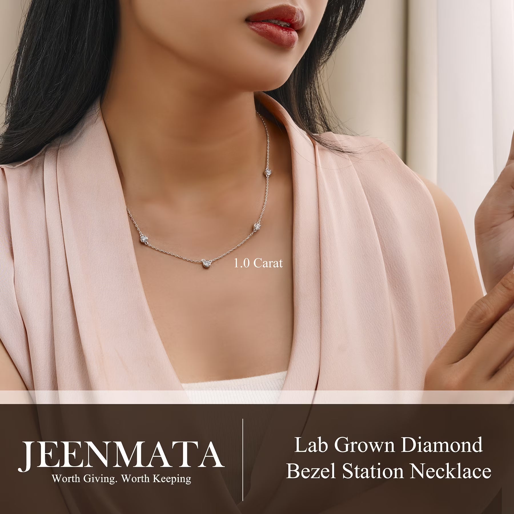JeenMata 1 Carat Lab Grown Diamond Five Stone Bezel Station Necklaces - in 18K White Gold Plating Necklace for Women, Female, Adult