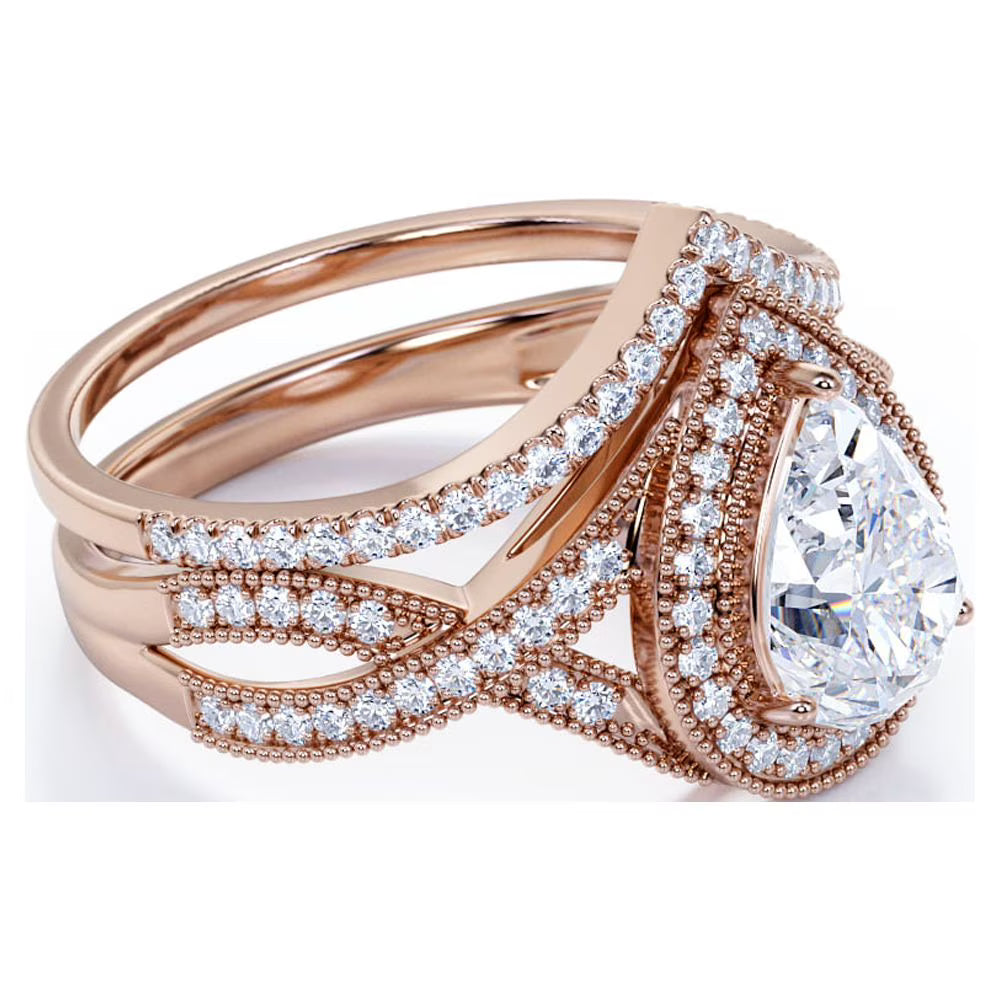 JeenMata 1.5 Carat Pear Cut Moissanite Wedding Set - Bridal Set - Art Deco Ring - Halo Ring - Cluster Ring - 18k Rose Gold Plated for Women