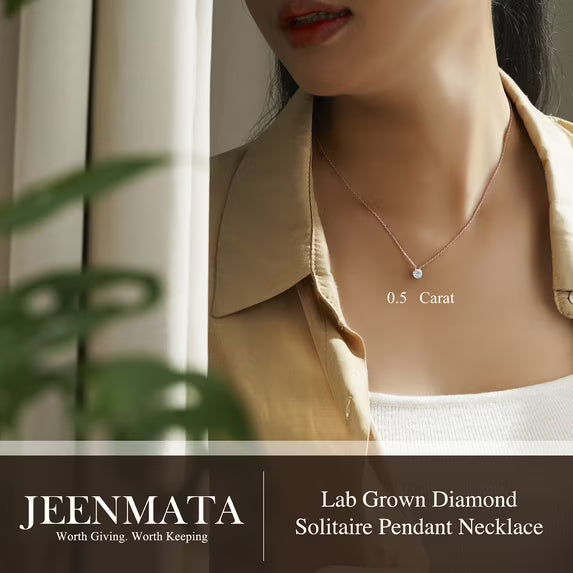 JeenMata Lab Grown Diamond 0.50 Carat Round Cut Classic Solitaire Pendant Necklace - in 18K Rose Gold Plating for Women