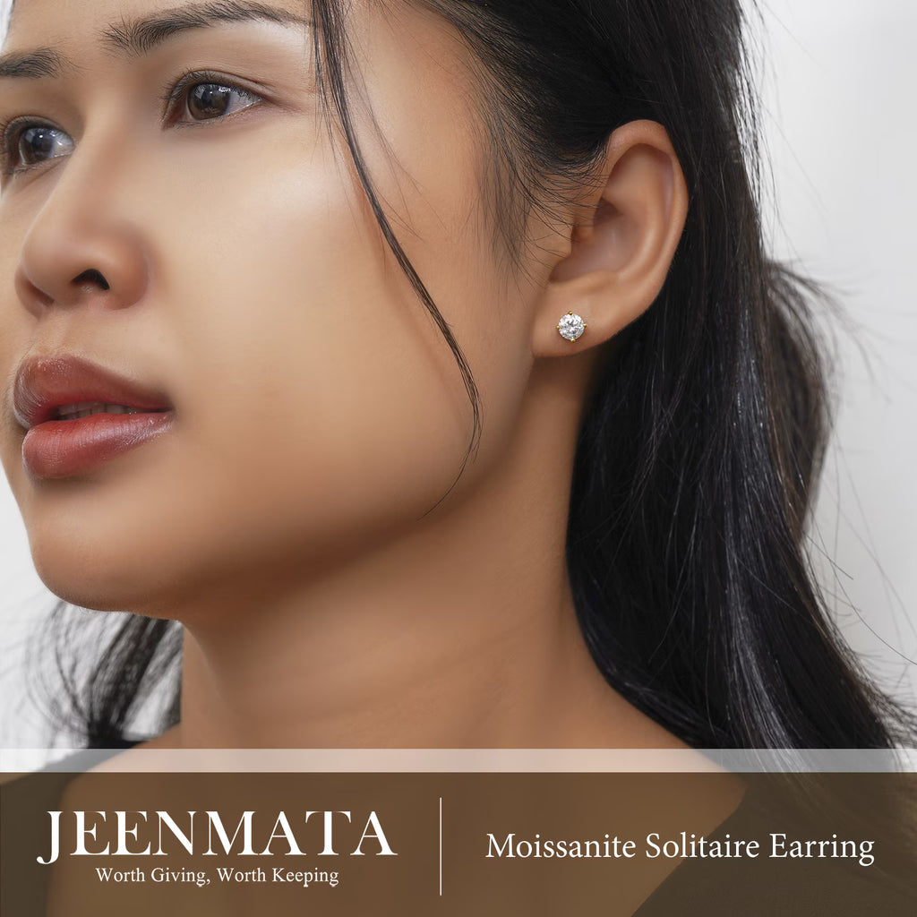 JeenMata 4 Prong 2 Carat Round Shaped Moissanite Solitaire Stud Earrings in 18k Yellow Gold Plating for Women