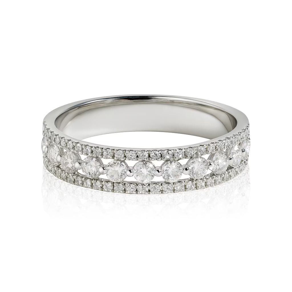 JeenMata Double Pave - 0.75 Carat Round Brilliant Cut Moissanite - Eternity Anniversary Ring - 18K White Gold Plating for Women