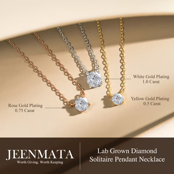 JeenMata Lab Grown Diamond 0.50 Carat Round Cut Classic Solitaire Pendant Necklace - in 18K Yellow Gold Plating for Women