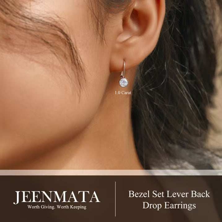 JeenMata 1 Carat Lab Grown Diamond Bezel Set Leverback Drop Earring - in 18K White Gold Plating Earrings for Women, Gift for Girlfriend, Mother, Her