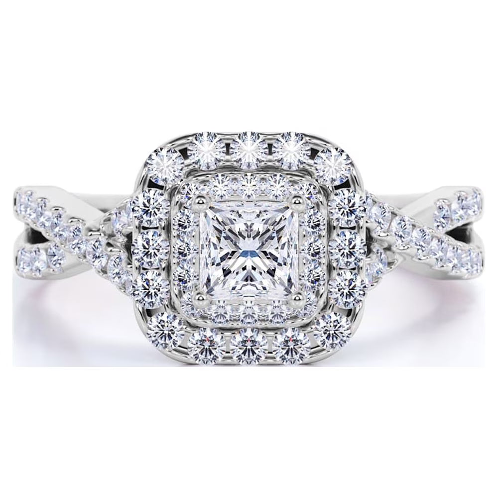 JeenMata Elegant Square Cut Lab Grown Diamond - Twisted Band - Pave - Double Halo Engagement Ring - 10K White Gold