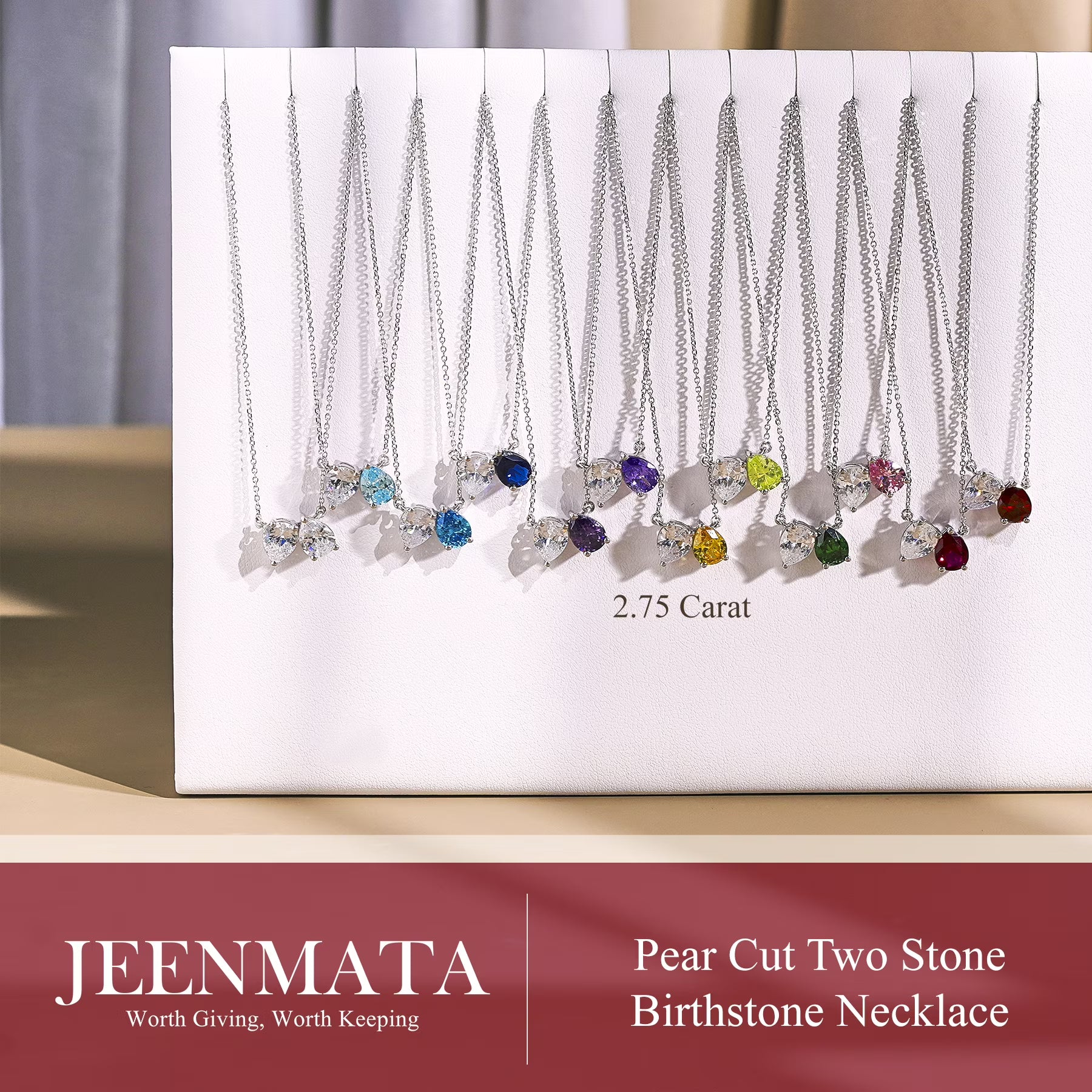 JeenMata 2.75 Carat January Birthstone Necklace - Pear Cut Two Stone Garnet & Cubic Zirconia Necklaces in 18K White Gold Plating Gift for Women, Mother, Her