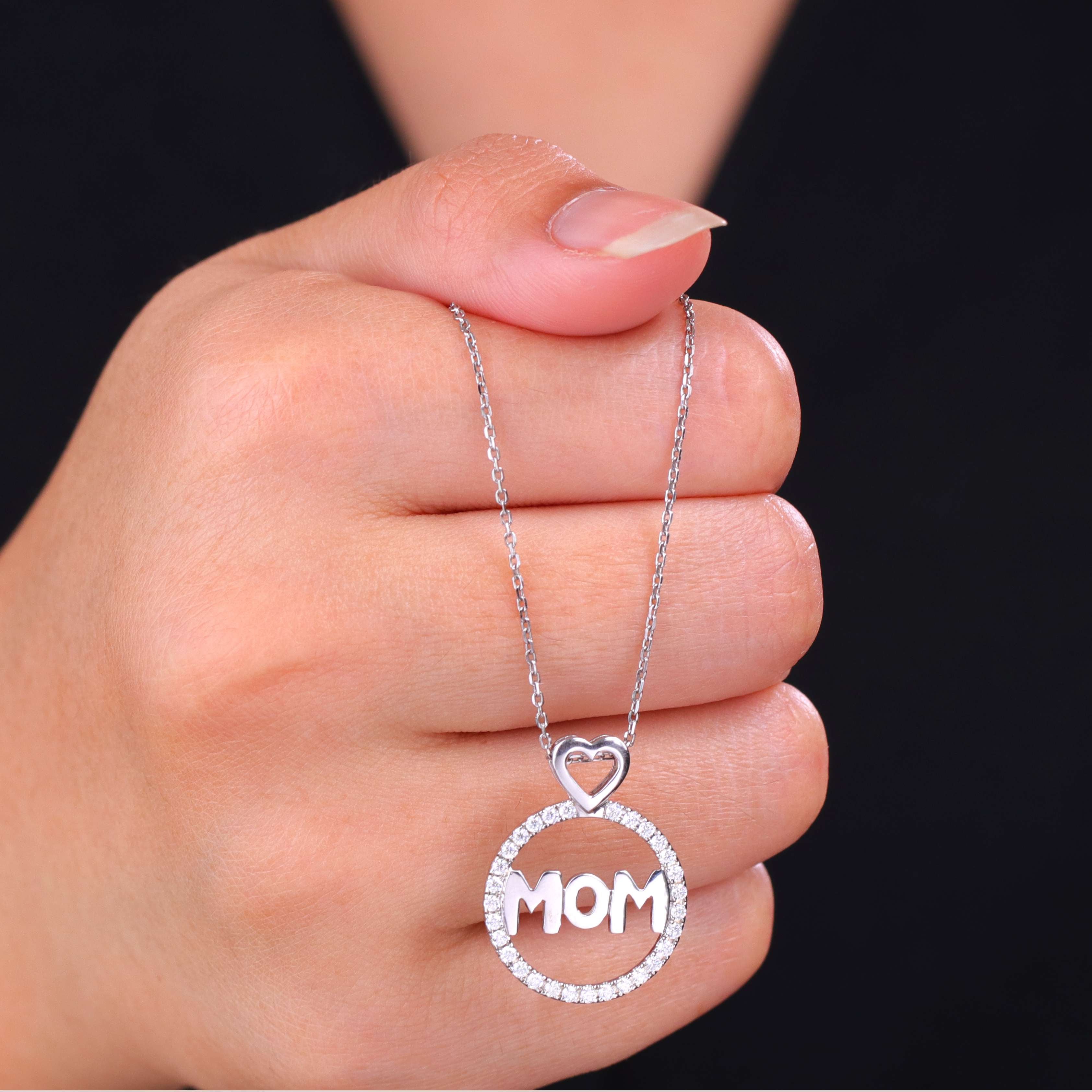JeenMata Round Frame Mom Moissanite Pendant Necklace in 18K White Gold over Silver