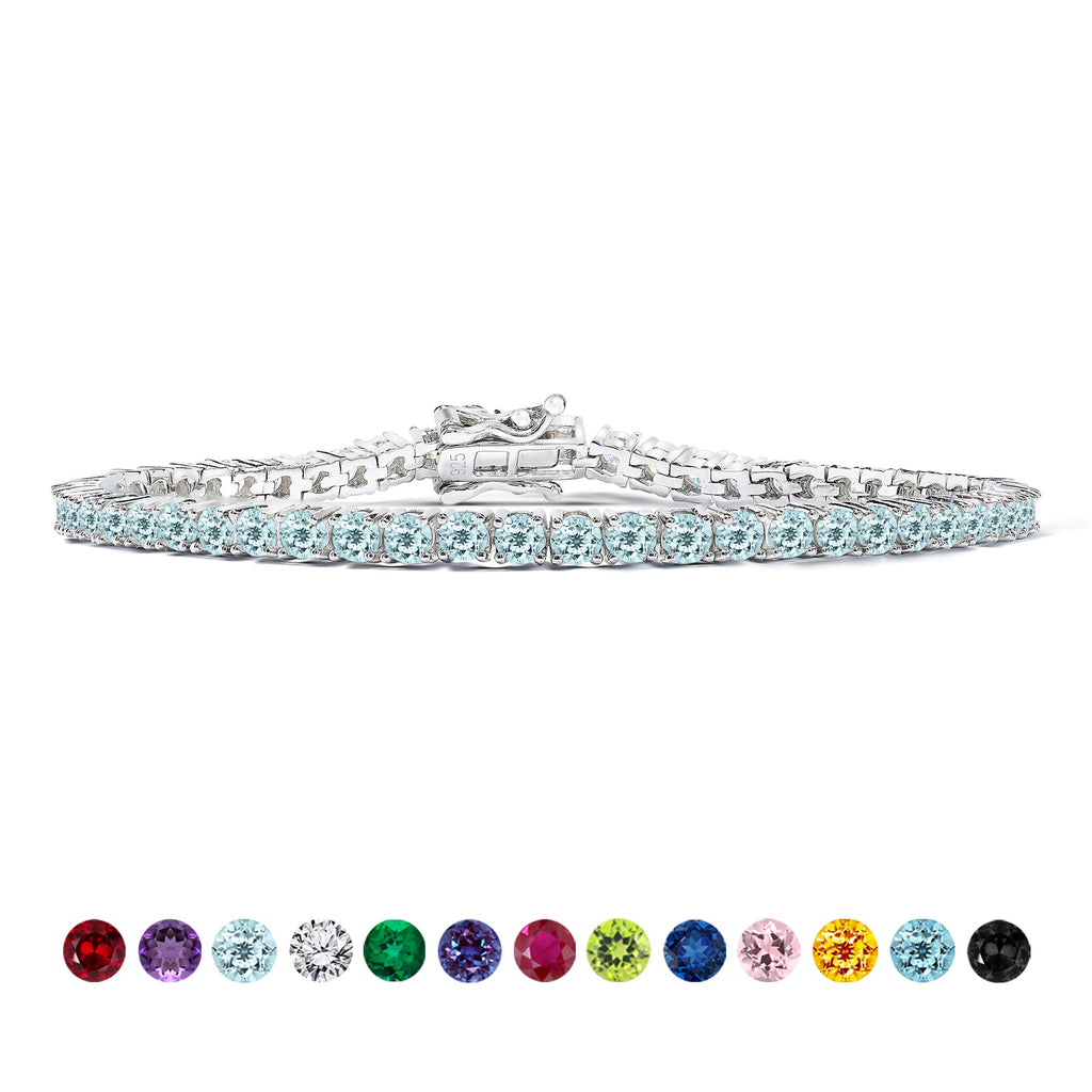 Classic 5.5 TCW Round Cut March - Aquamarine - Birthstone Tennis Bracelet Eternity Design - White Gold Plating, Female, Adult