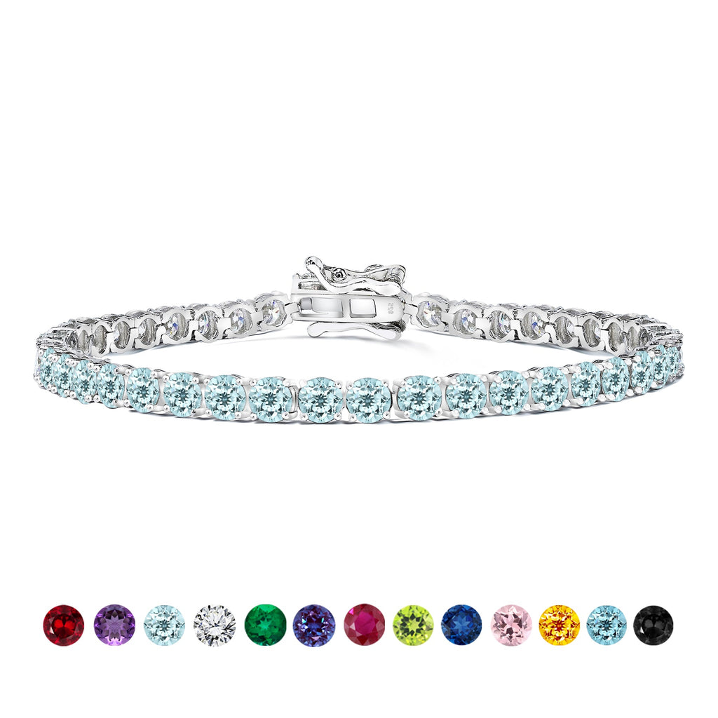 11 TCW Round Cut March - Aquamarine - Birthstone Tennis Bracelet for Women in Eternity Design - White Gold Plating, Female, Adult
