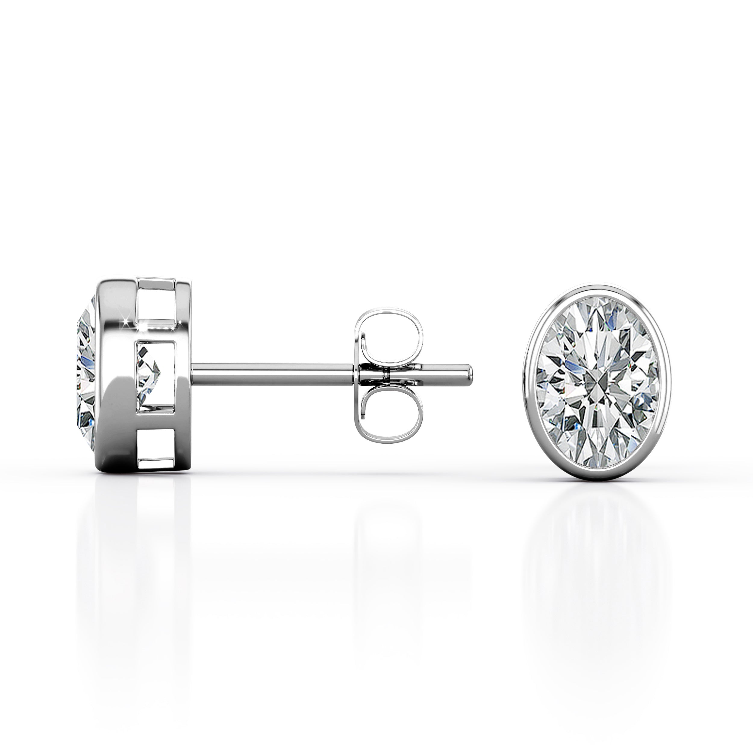 JeenMata Bezel Set 1 Carat Oval Shaped Moissanite Solitaire Stud Earrings In 18K White Gold Plating Over Silver