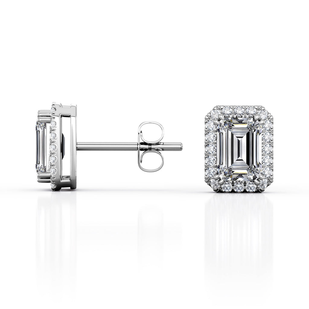 Antique Double Prong 2.10 Carat Emerald Cut Certified Moissanite and Diamond Halo Stud Earrings