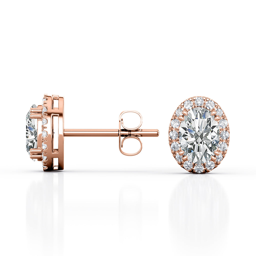 Basket Prong 1.25 Carat Oval Cut Certified Moissanite and Diamond Halo Pave Stud Earrings in Rose Gold