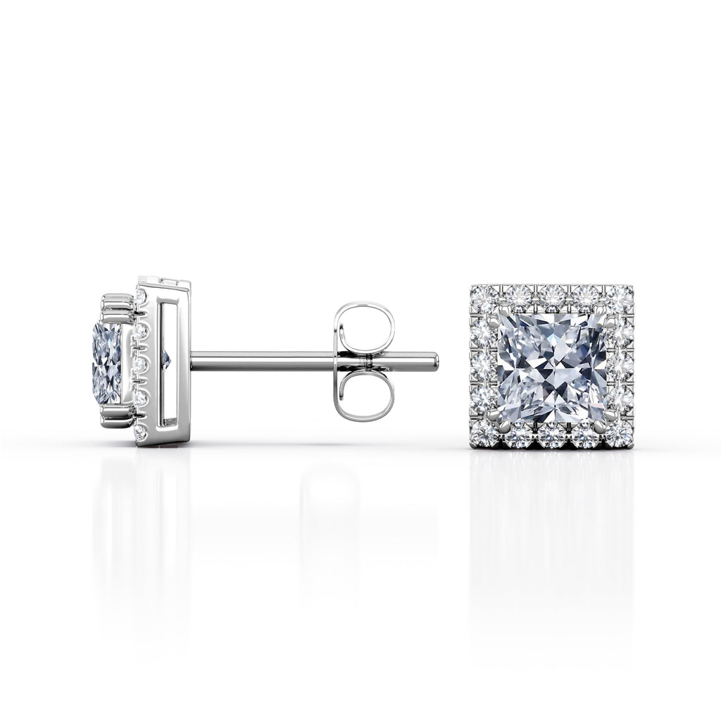 JeenMata Double Prong 1.1 Carat Princess Cut Moissanite Halo Stud Earrings in 18K White Gold Plating over Silver