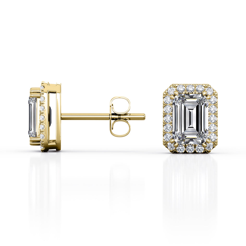 Antique Double Prong 2.10 Carat Emerald Cut Certified Moissanite and Diamond Halo Stud Earrings