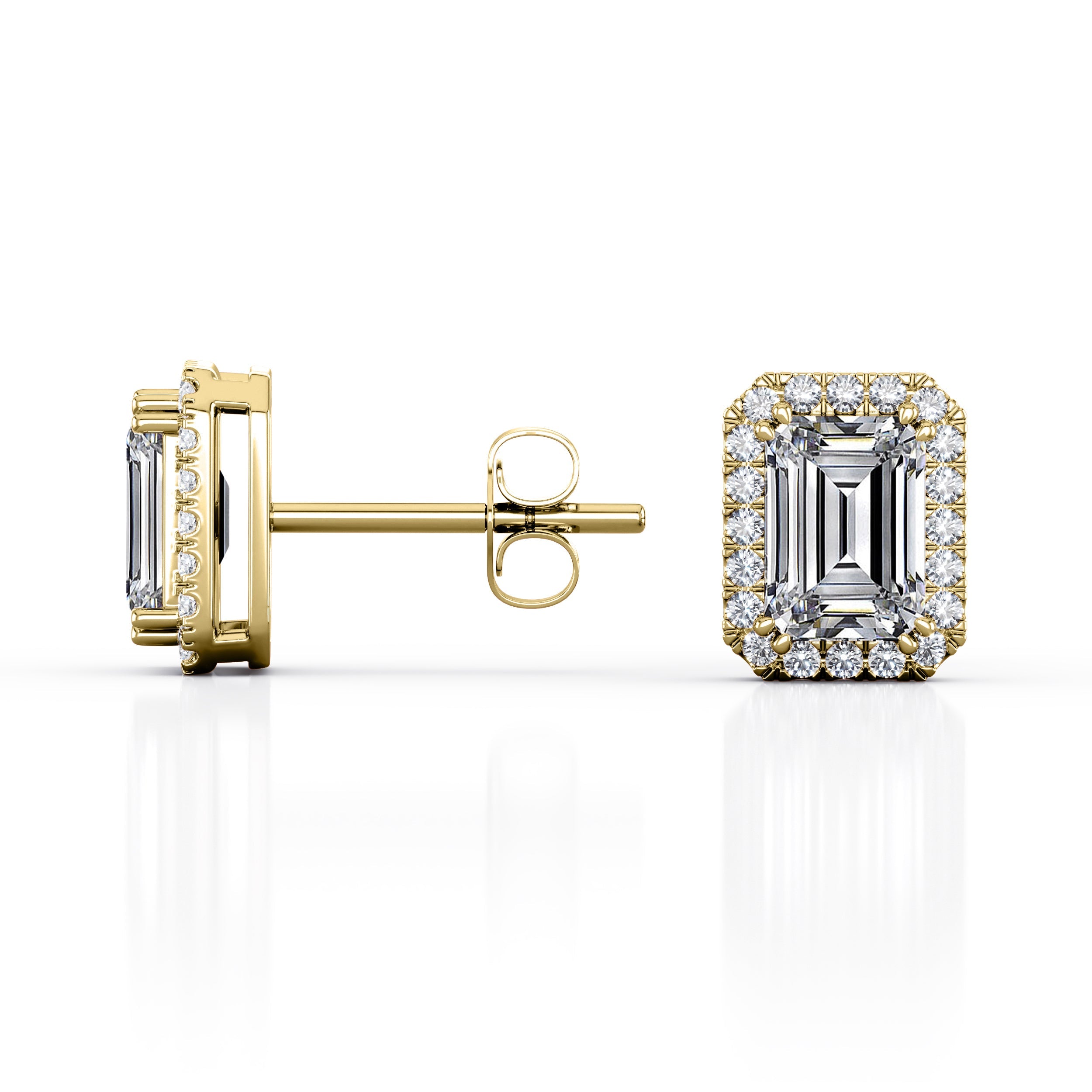 Antique Double Prong 2.10 Carat Emerald Cut Certified Moissanite and Diamond Halo Stud Earrings