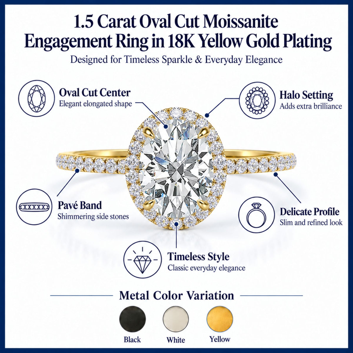 JeenMata 1.5 Carat Oval Cut Moissanite Engagement Ring - Bridal Set - Halo Ring - Handmade Ring - 18k Yellow Gold Plating for Women