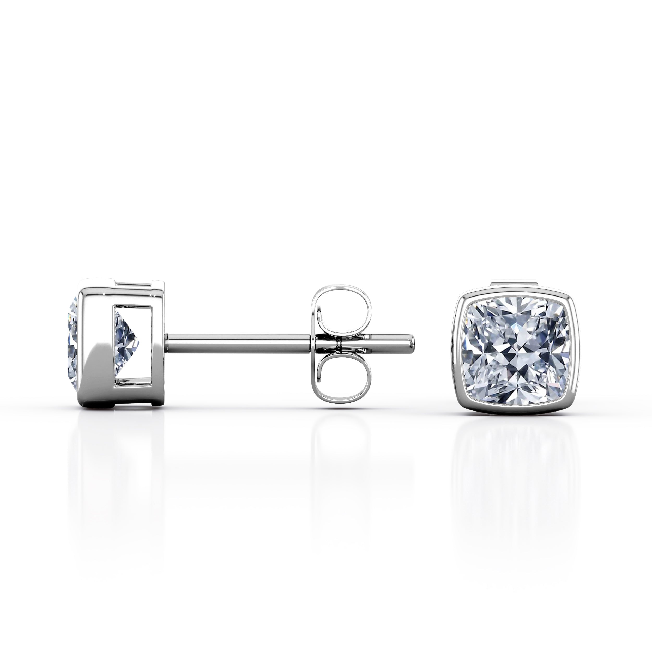 JeenMata Bezel Set 1 Carat Cushion Shaped Moissanite Solitaire Stud Earrings In 18K White Gold Plating Over Silver