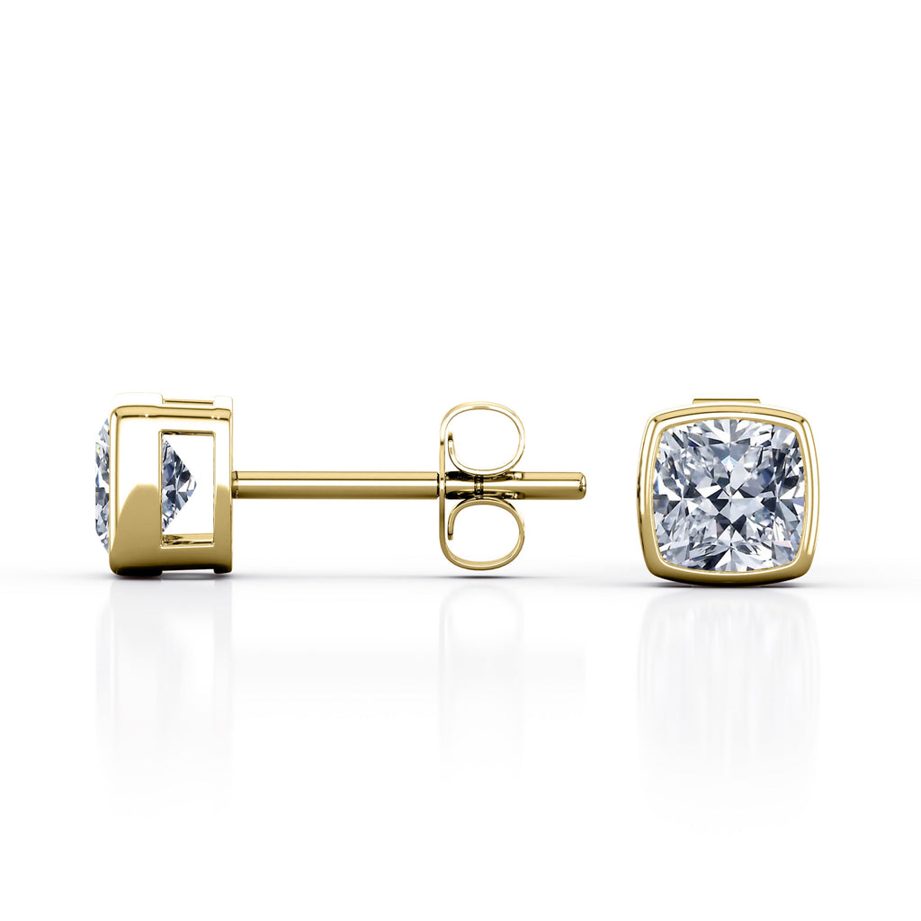 JeenMata Bezel Set 1 Carat Cushion Shaped Moissanite Solitaire Stud Earrings In 18K White Gold Plating Over Silver
