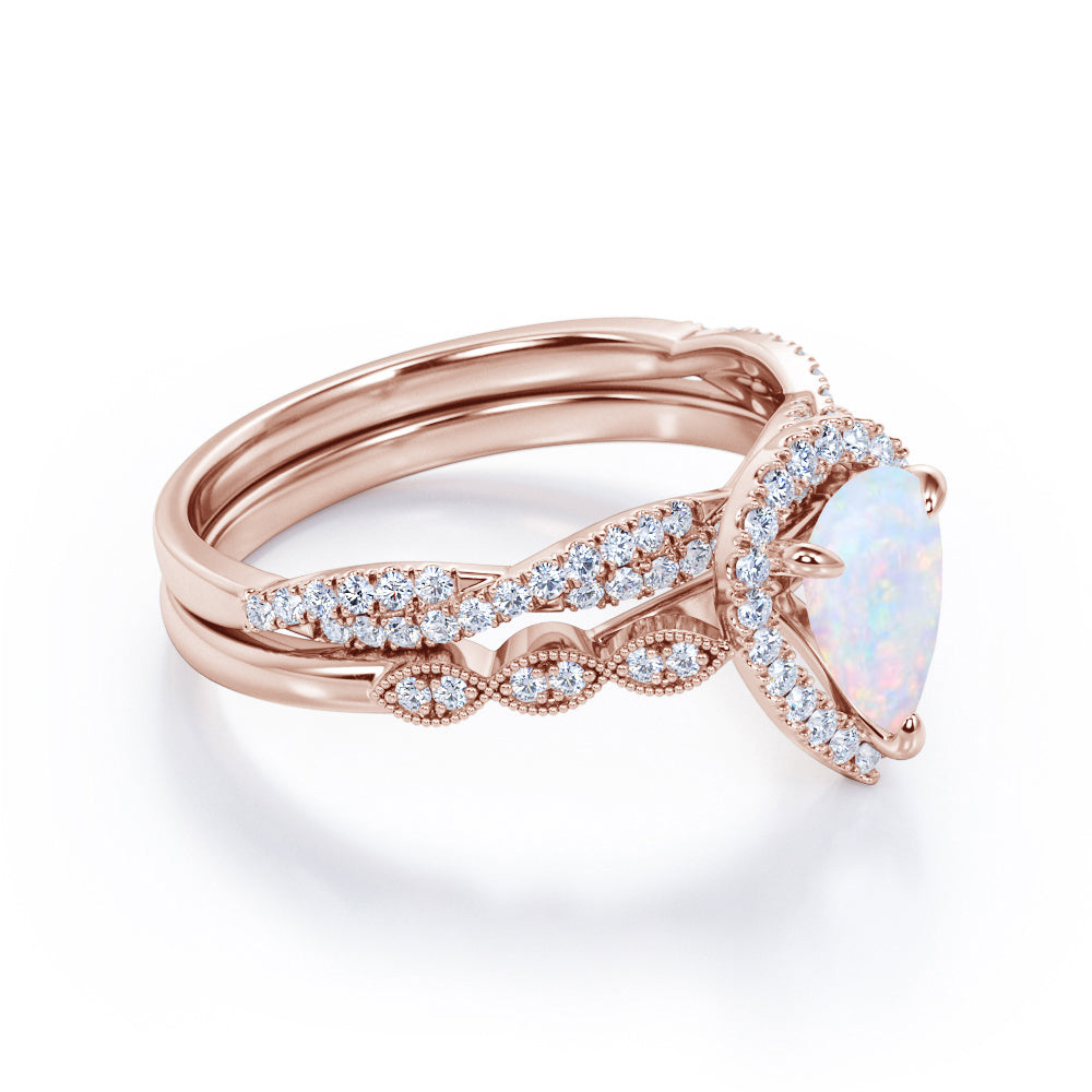 1.5 Carat Pear Cut Lab Created October Birthstone Opal and Moissanite Vintage Engagement Ring - Halo Pave Bridal Set in 18K White Gold Over Silver