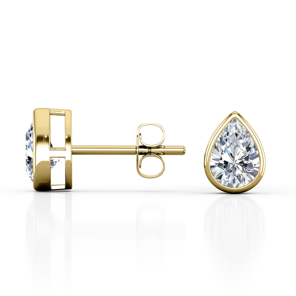 JeenMata Bezel Set 1 Carat Pear Shaped Moissanite Solitaire Stud Earrings In 18K White Gold Plating Over Silver