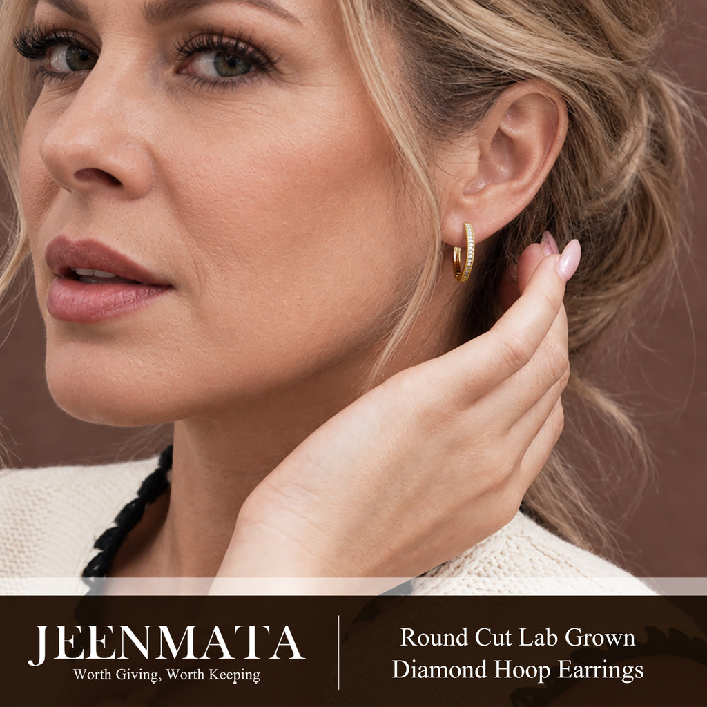 JeenMata Lab Grown Diamond Hoop Earrings - Round Cut Classic Earrings in Yellow Gold Plating for Women
