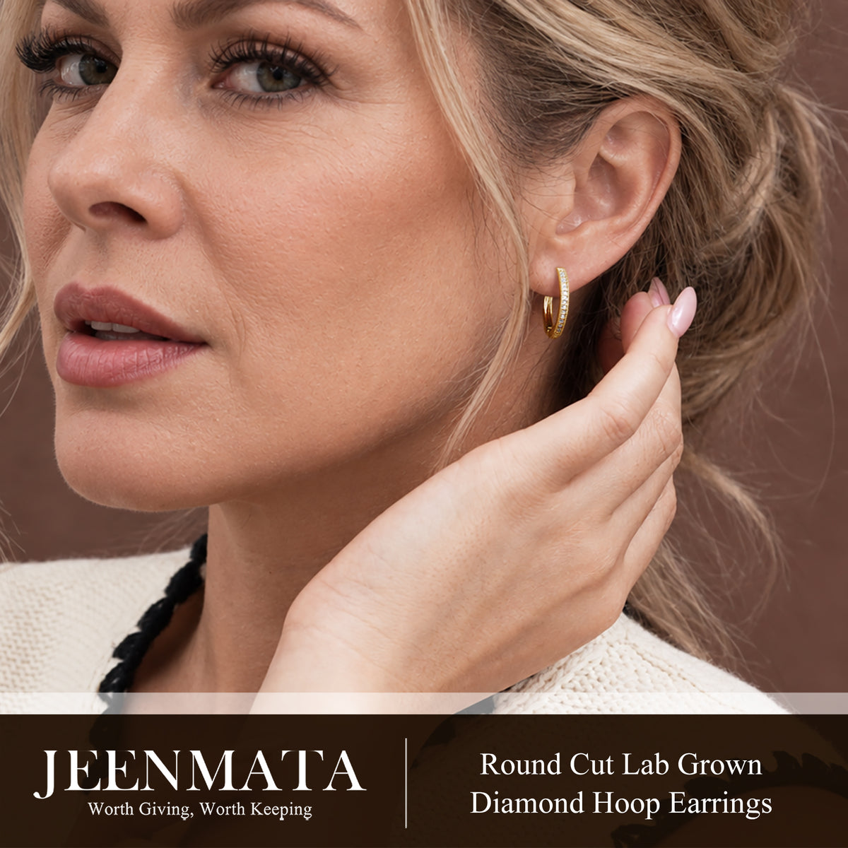 JeenMata Lab Grown Diamond Hoop Earrings - Round Cut Classic Earrings in Yellow Gold Plating for Women