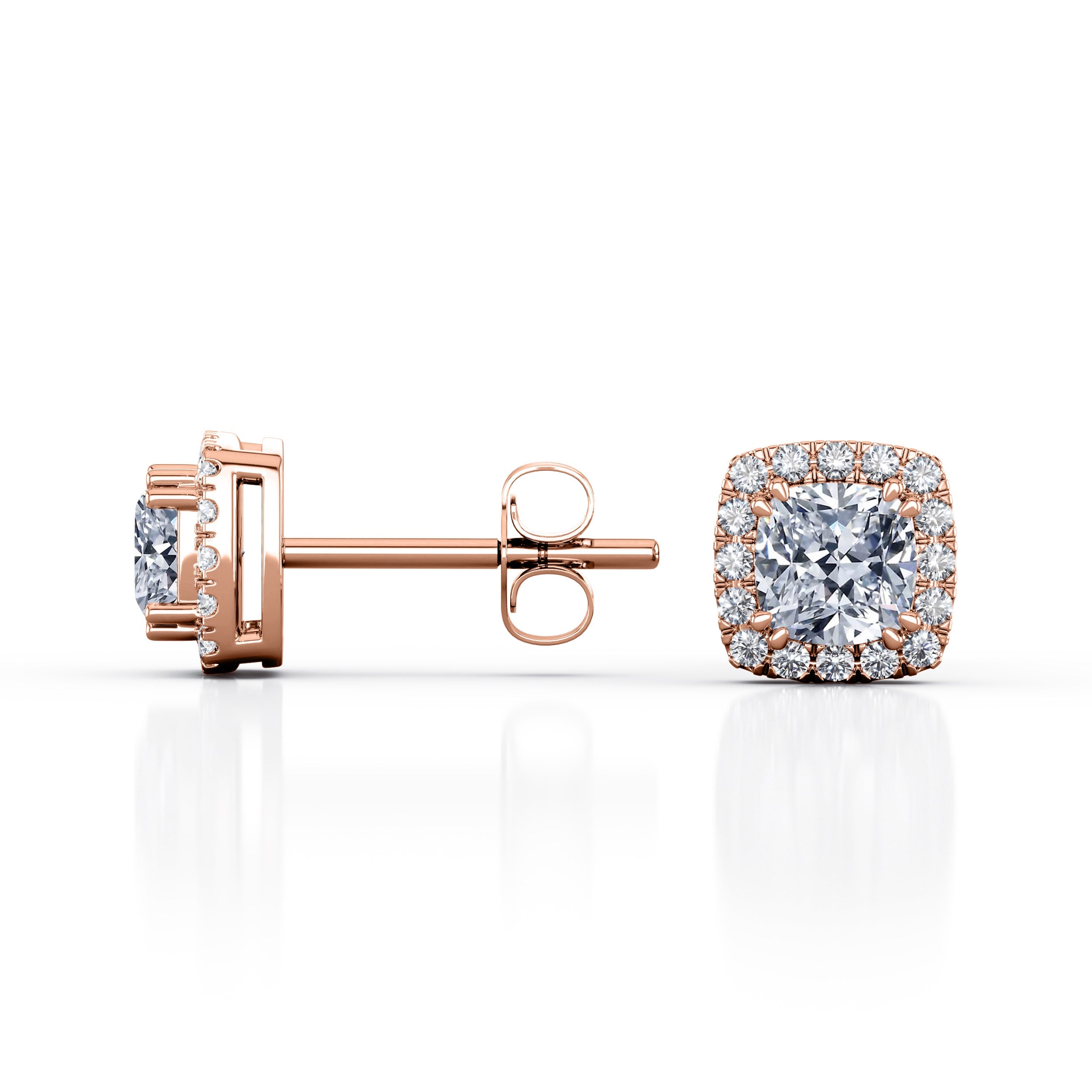 Double Prong 1.10 Carat Cushion Cut Certified Moissanite and Diamond Halo Pave Stud Earrings in Yellow Gold