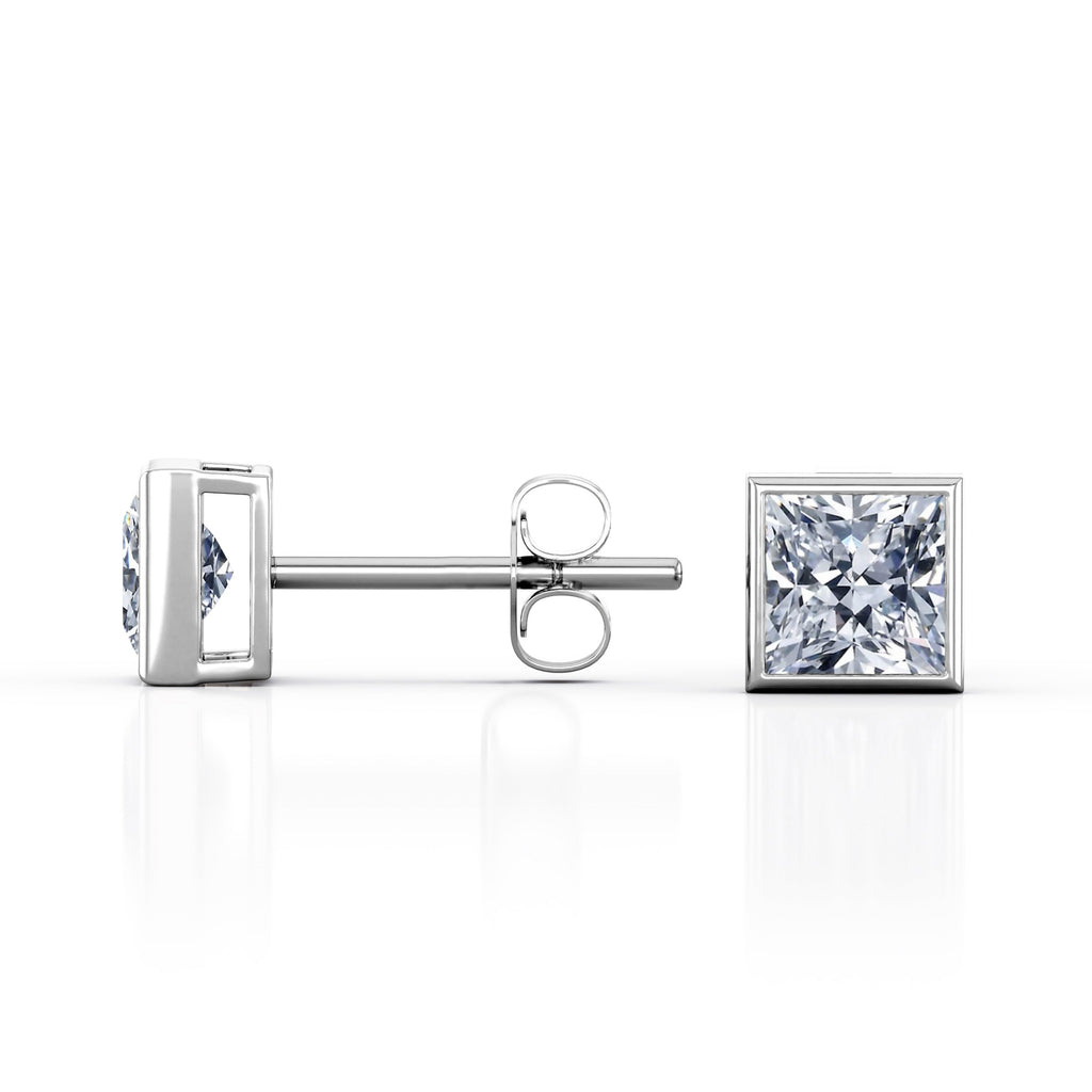 JeenMata Bezel Set 1 Carat Princess Shaped Moissanite Solitaire Stud Earrings In 18K White Gold Plating Over Silver