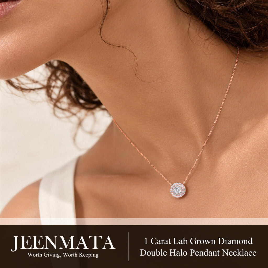 JeenMata Lab Grown Diamond 1 Carat Round Cut Double Halo Pendant Necklace in 18K Rose Gold Plating for Women