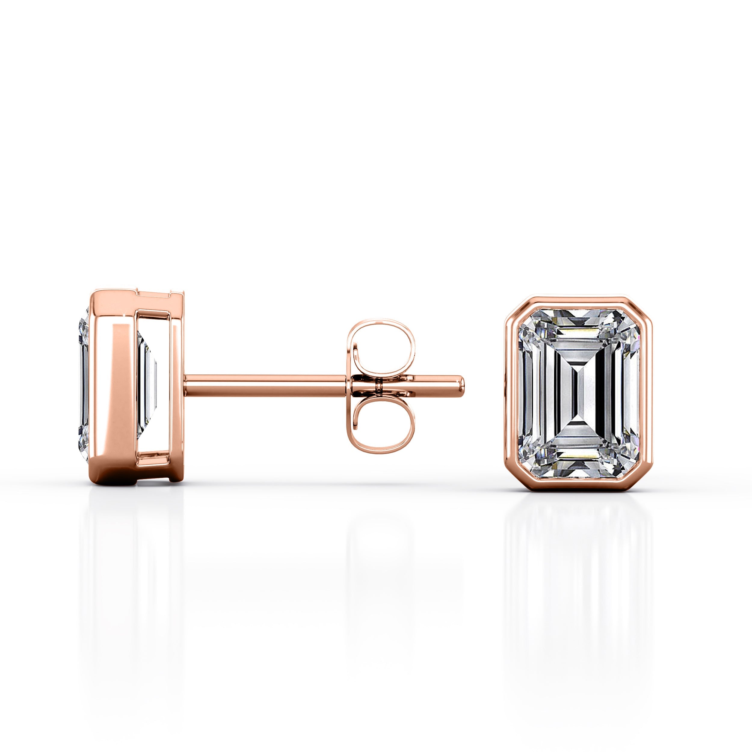 JeenMata Bezel Set 1 Carat Emerald Shaped Moissanite Solitaire Stud Earrings In 18K White Gold Plating Over Silver