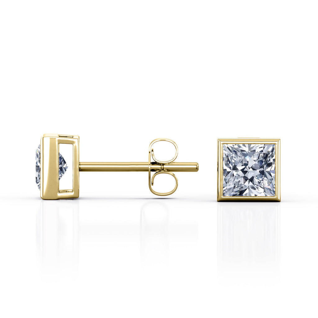 JeenMata Bezel Set 1 Carat Princess Shaped Moissanite Solitaire Stud Earrings In 18K White Gold Plating Over Silver