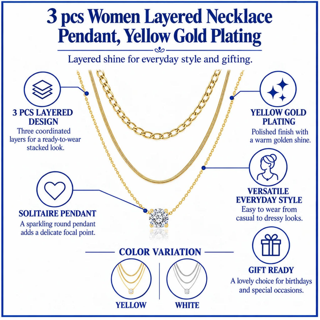 JeenMata Multipack 3 pc Women Layered Necklace Pendant, Yellow Gold Plating, Gold Chain, Choker Necklace, Herringbone Layered Necklace Jewelry Gift