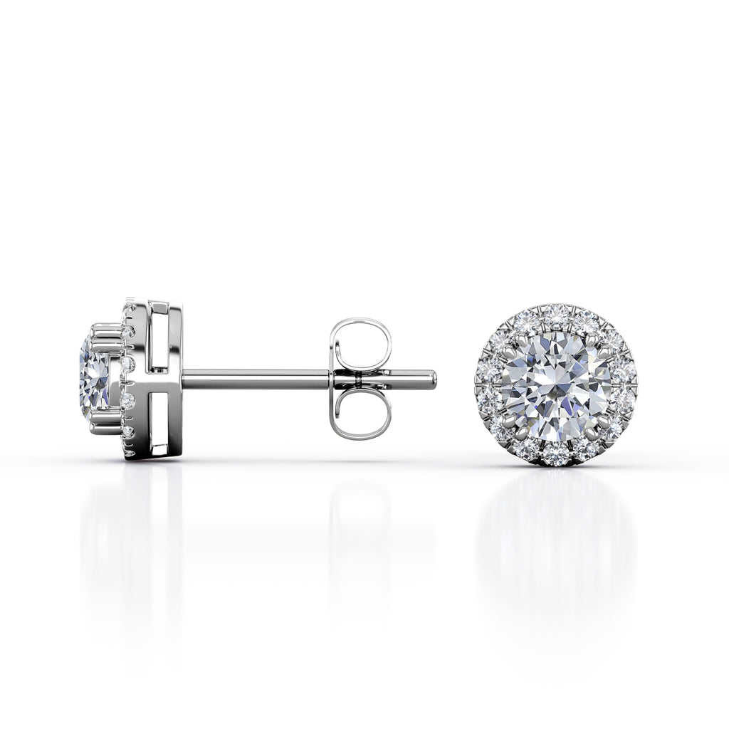 JeenMata 4 Prong Set 1.1 Carat Round Cut Moissanite Halo Stud Earrings in 18K White Gold Plating over Silver