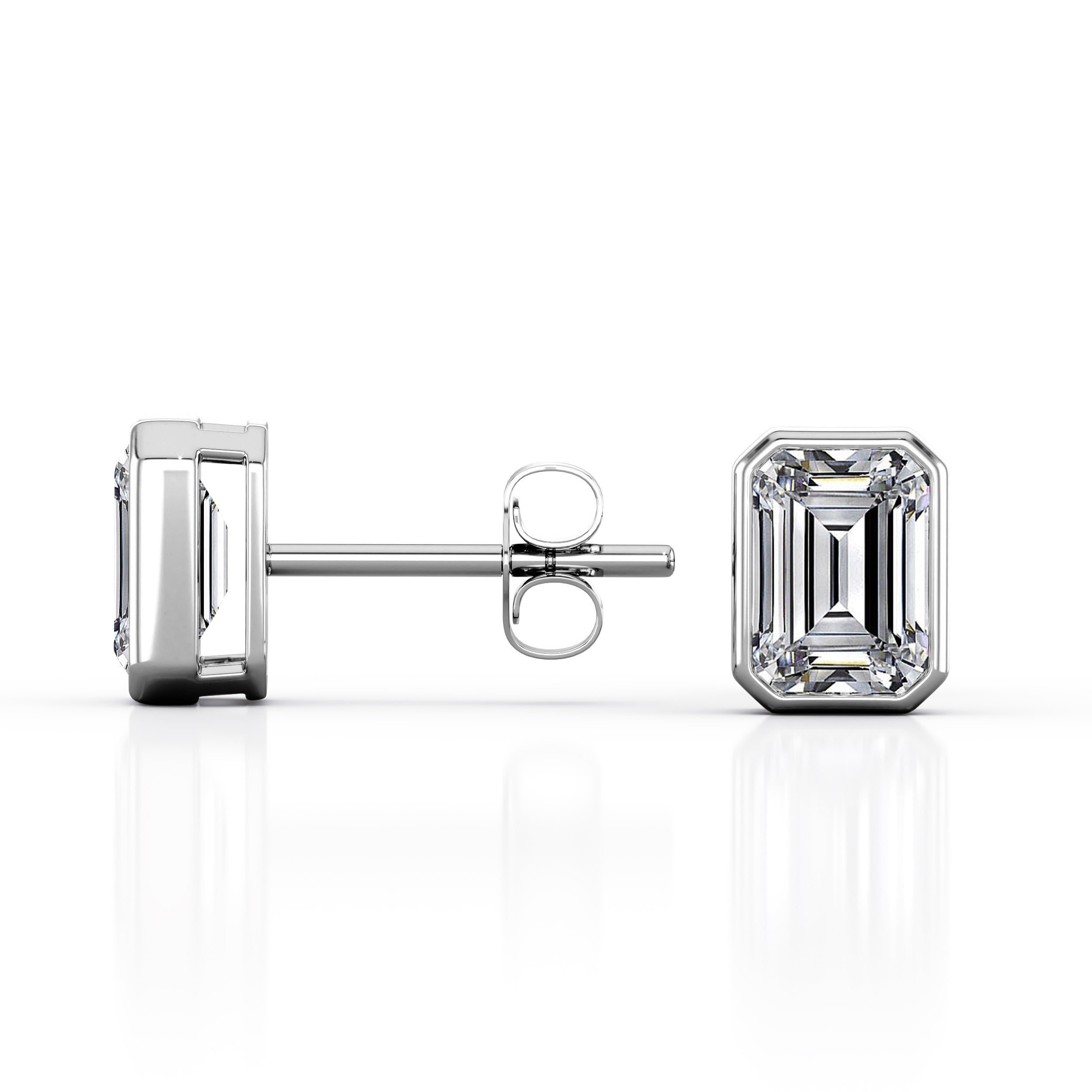 JeenMata Bezel Set 1 Carat Emerald Shaped Moissanite Solitaire Stud Earrings In 18K White Gold Plating Over Silver