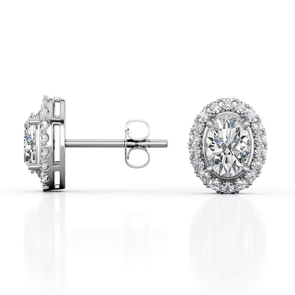 JeenMata 1.1 Carat Oval Cut Moissanite - Cluster Halo - Prong Set Stud Earrings - 18K White Gold Plating over Silver