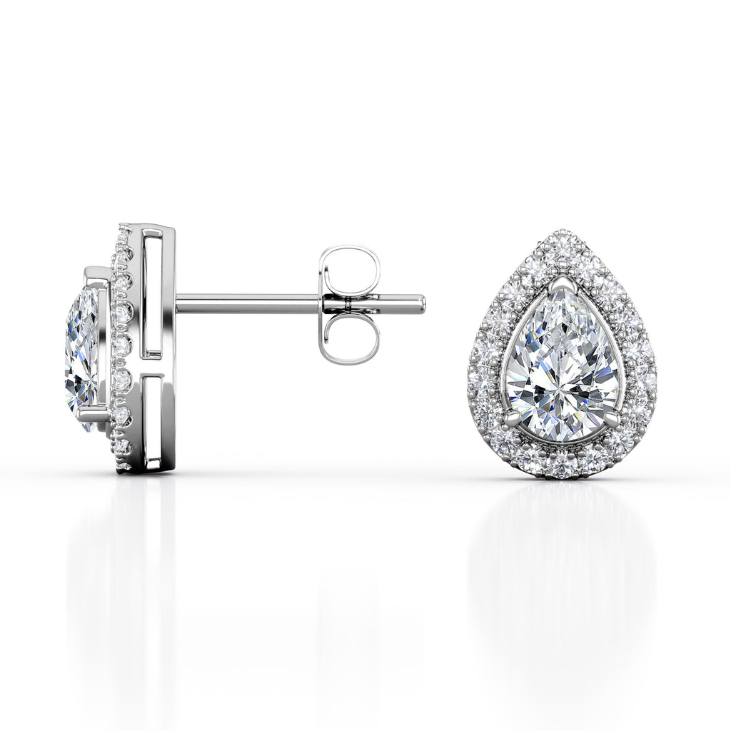 JeenMata Triple Prong Set 1.1 Carat Pear Shape Moissanite Cluster Halo Stud Earrings in 18K White Gold Plating over Silver