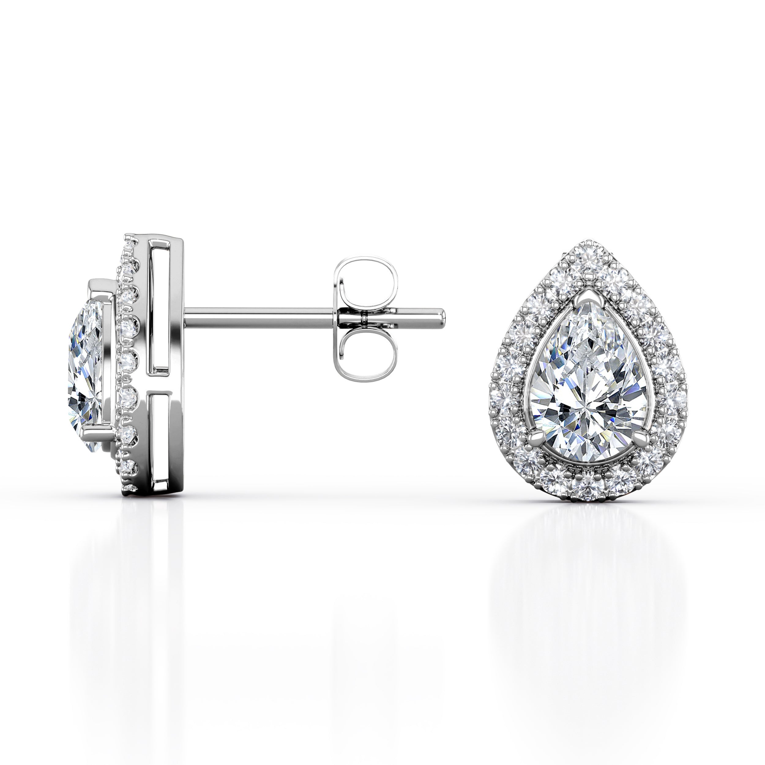 JeenMata Triple Prong Set 1.1 Carat Pear Shape Moissanite Cluster Halo Stud Earrings in 18K White Gold Plating over Silver