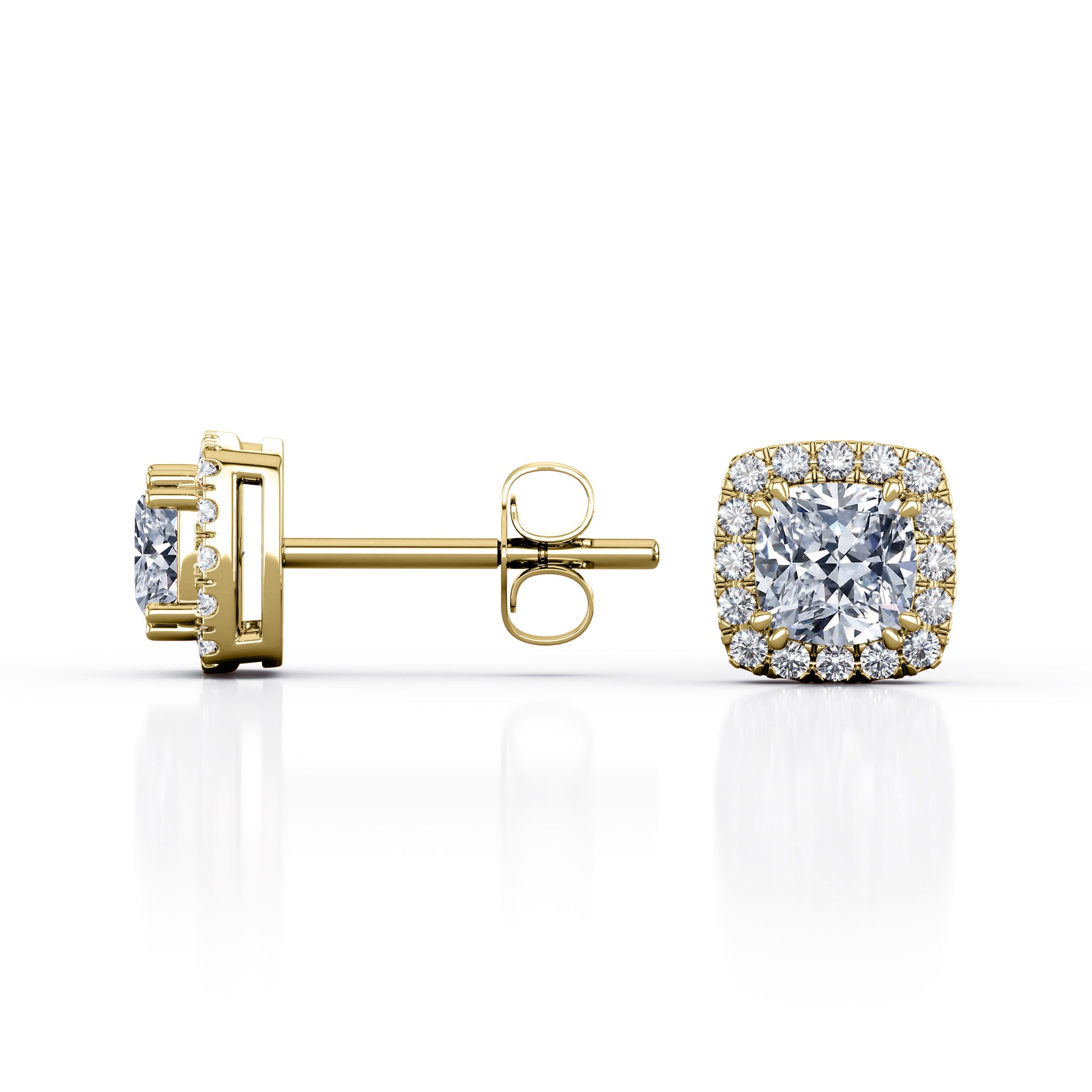 Double Prong 1.10 Carat Cushion Cut Certified Moissanite and Diamond Halo Pave Stud Earrings in Yellow Gold