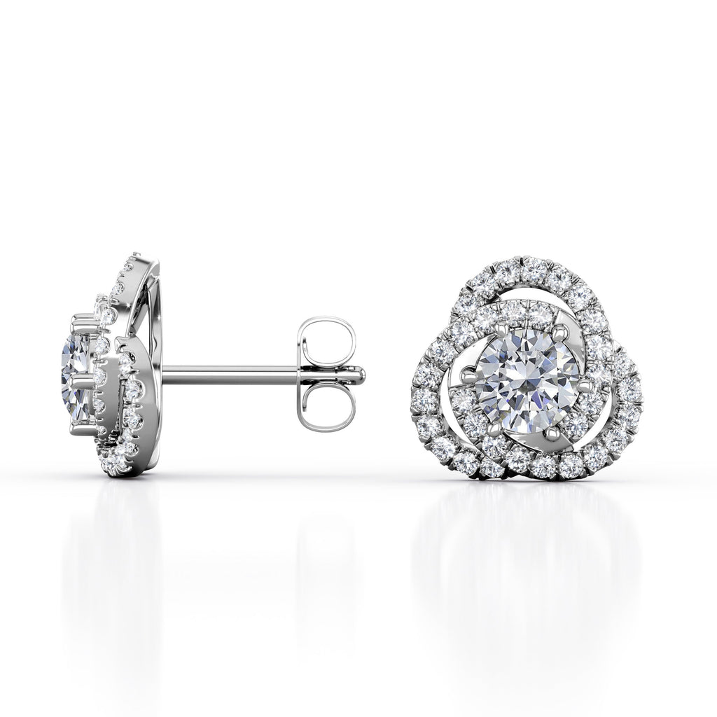 Flower Knot 0.70 Carat Round Cut Certified Moissanite and Diamond French Pave Ear Studs in Rose Gold