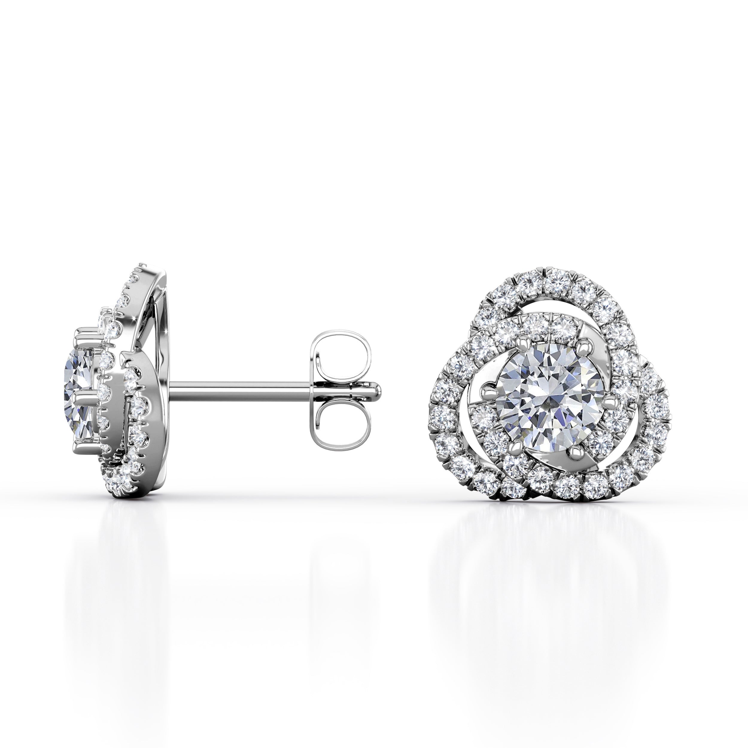 Flower Knot 0.70 Carat Round Cut Certified Moissanite and Diamond French Pave Ear Studs in Rose Gold