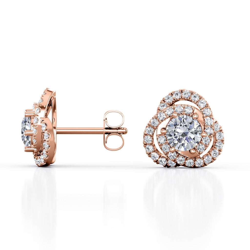 Flower Knot 0.70 Carat Round Cut Certified Moissanite and Diamond French Pave Ear Studs in Rose Gold